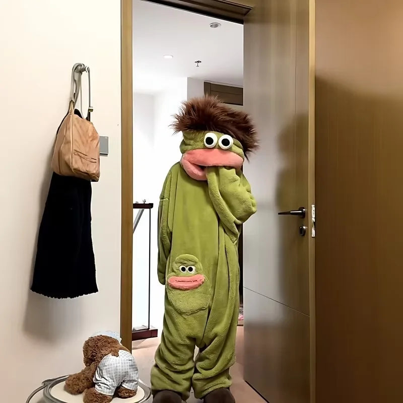 2026 New Long Haired Sad Frog Jumpsuit Pajamas Men Women Cute Cartoon Abstract Loungewear Homewear Sleepwear Gift