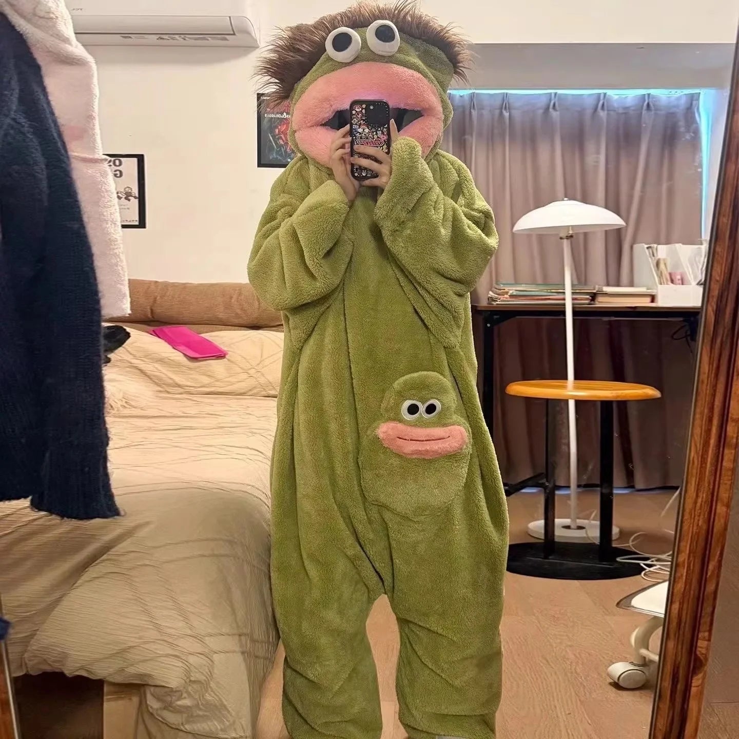 2026 New Long Haired Sad Frog Jumpsuit Pajamas Men Women Cute Cartoon Abstract Loungewear Homewear Sleepwear Gift