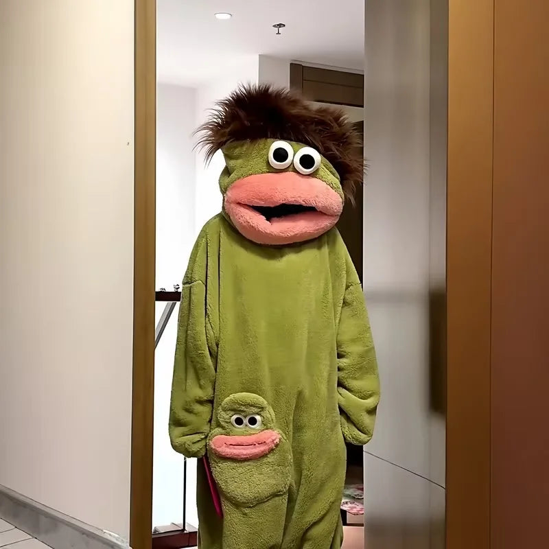 2026 New Long Haired Sad Frog Jumpsuit Pajamas Men Women Cute Cartoon Abstract Loungewear Homewear Sleepwear Gift