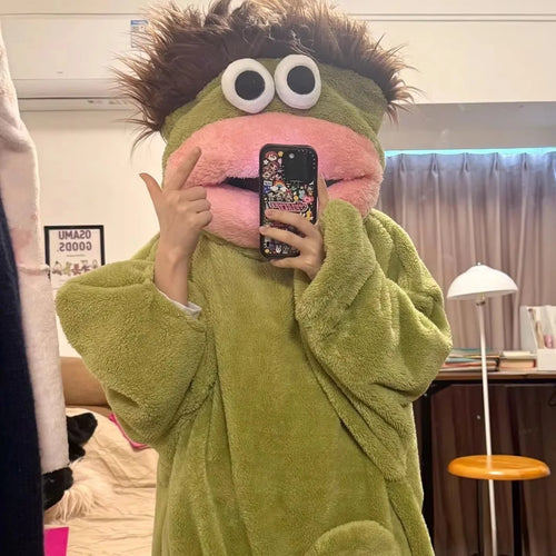 2026 New Long Haired Sad Frog Jumpsuit Pajamas Men Women Cute Cartoon Abstract Loungewear Homewear Sleepwear Gift
